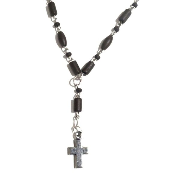 Silver & Brown Beaded Cross Pendant Necklace – Elegant Women's Fashion Jewelry - Picture 3 of 8